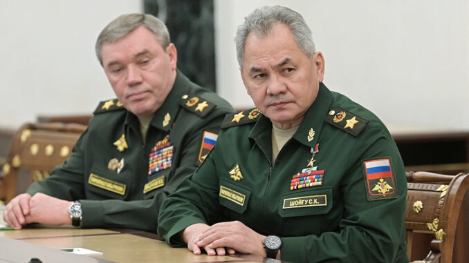 Russian President Vladimir Putin meets with Defence Minister Sergei Shoigu and Chief of the General Staff of Russian Armed Forces Valery Gerasimov in Moscow