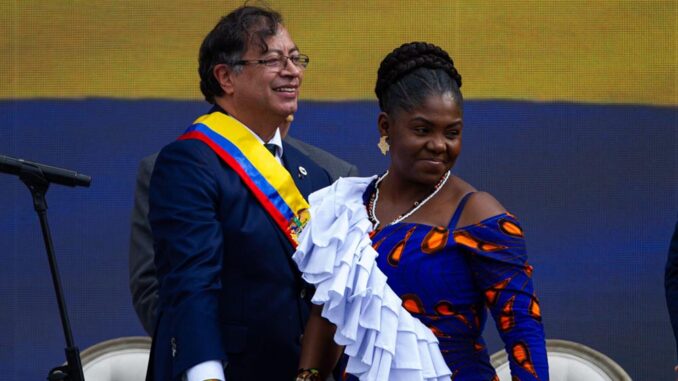 Bogota, Colombia. 07th Aug, 2022. Colombian president Gustavo Petro (Left) and Vice-president Francia Marquez (Right) during the inauguration event of Colombia's first left-wing president Gustavo Petro inauguration event, in Bogota, Colombia, August 7, 20