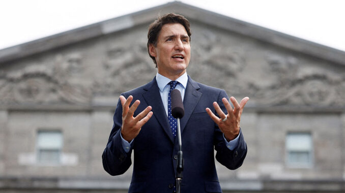 FILE PHOTO: Canada's Prime Minister Justin Trudeau speaks during a press conference, at Rideau Hall, in Ottawa