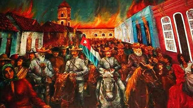 Pintura-que-recrea-la-quema-de-Bayamo-y-el-éxodo-de-la-población
